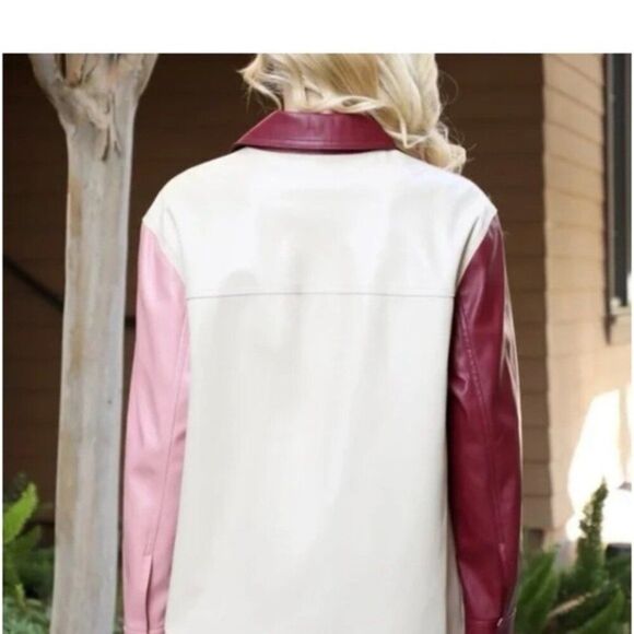 Colorblock Faux Leather Shirt Jacket Shacket 90s 70s Snap button Y2K M - Picture 5 of 16